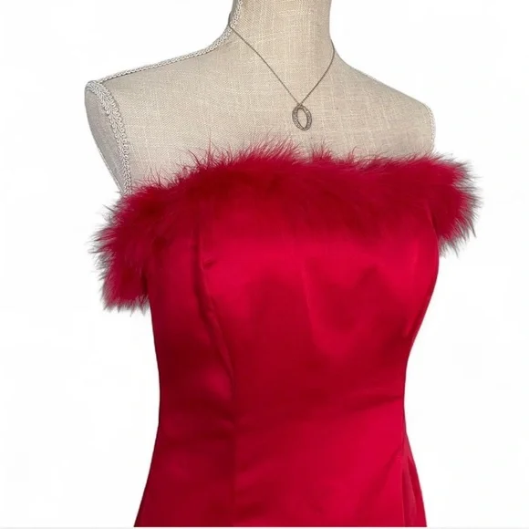 Y2K Red Satin Marabou trim Feathered Dress - Picture 3 of 7